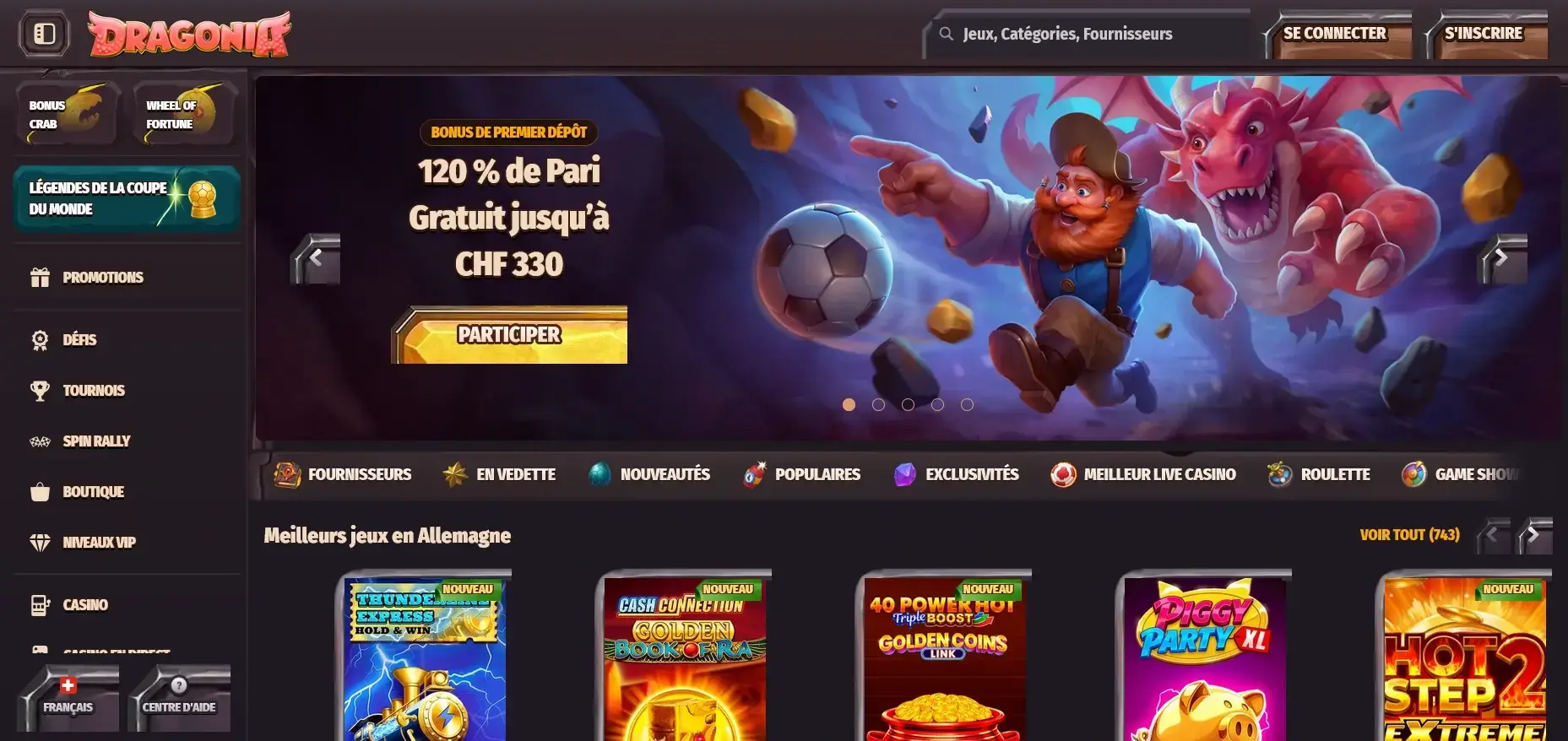 Dragonia – casino en ligne étranger avec bonus de premier dépôt de 120 % jusqu'à CHF 330 Dragonia page d'accueil casino en ligne étranger