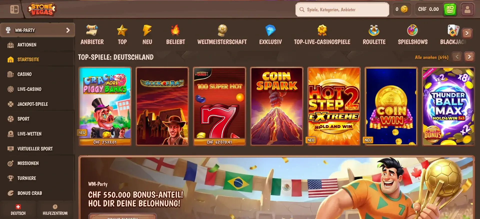 Stone Vegas Casino Spielauswahl