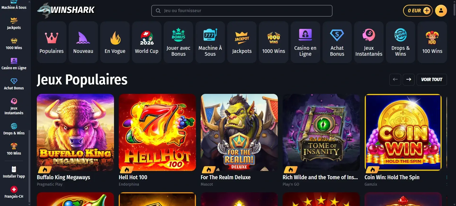 WinShark casino en ligne étranger avec jeux populaires dont Buffalo King Megaways et Hell Hot 100 WinShark casino étranger en ligne jeux populaires